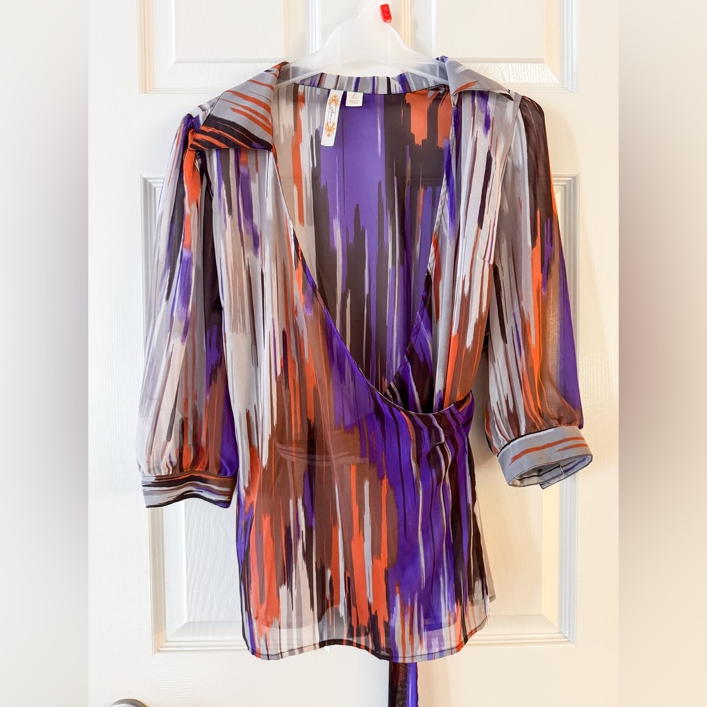 Adiva Purple and Orange Wrap Sheer Blouse 3/4 Sleeve Size L, ptp 19